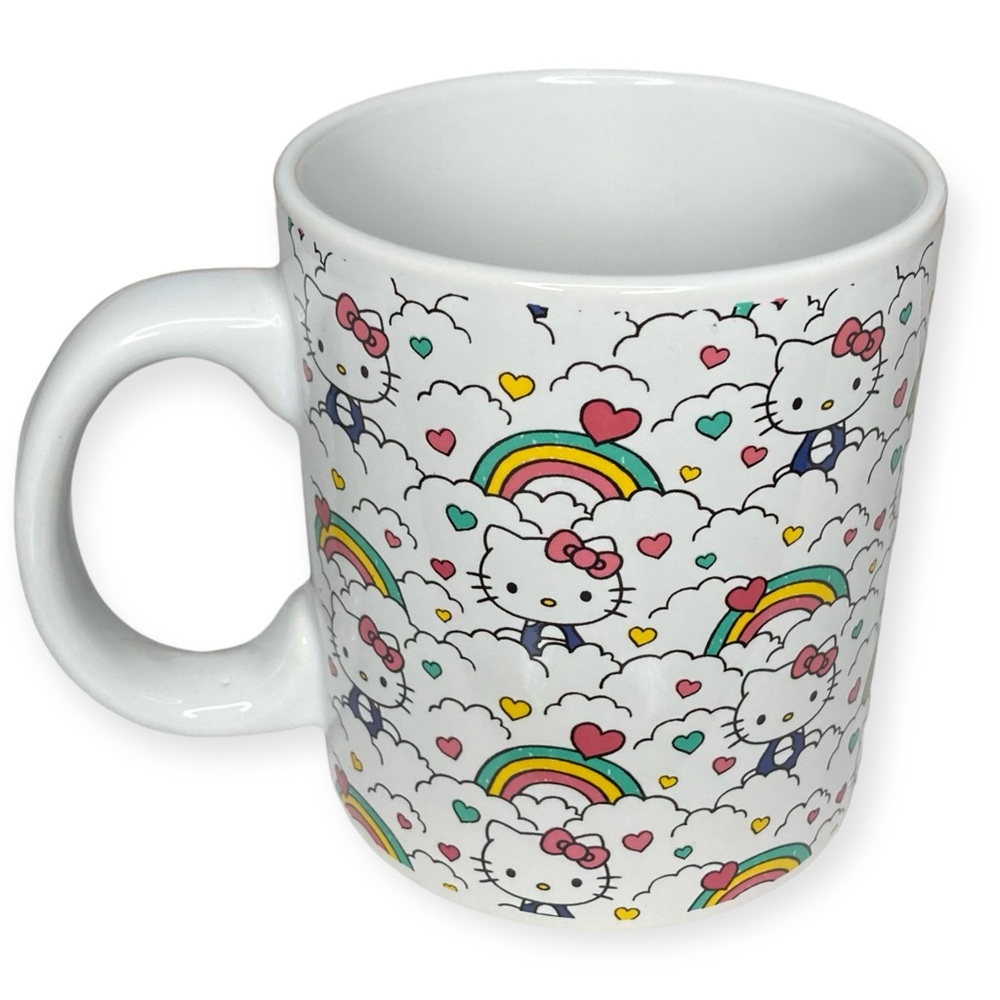 Sanrio Hello Kitty 20oz Ceramic Cafe Mug 2023 Rainbow Clouds Hearts - Picture 5 of 10